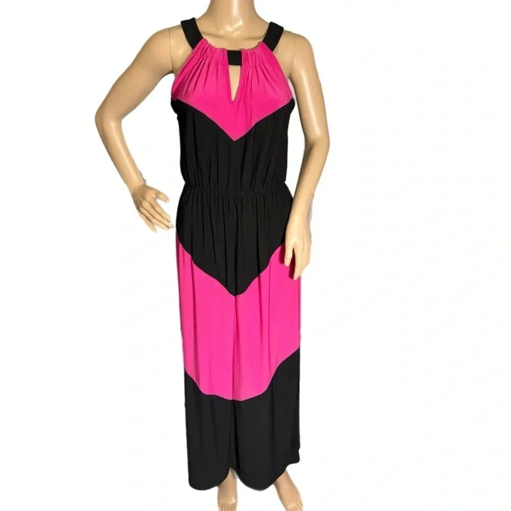 Sami & Jo Womens Sz Small Maxi Dress Sleeveless Halter Color Block Black Pink